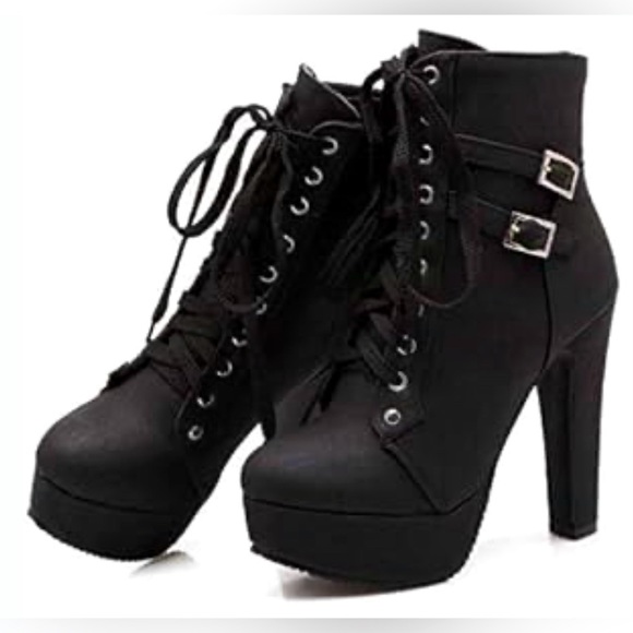 🌼💚 NEW FOREMODE Women Autumn Round Toe Lace Up Chunky Heel Platform Knight Boots - Picture 2 of 8